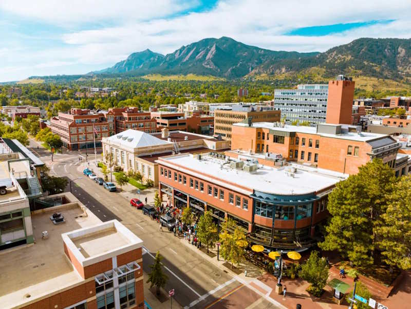 An overhead view of the mountain town of Boulder, Colorado.