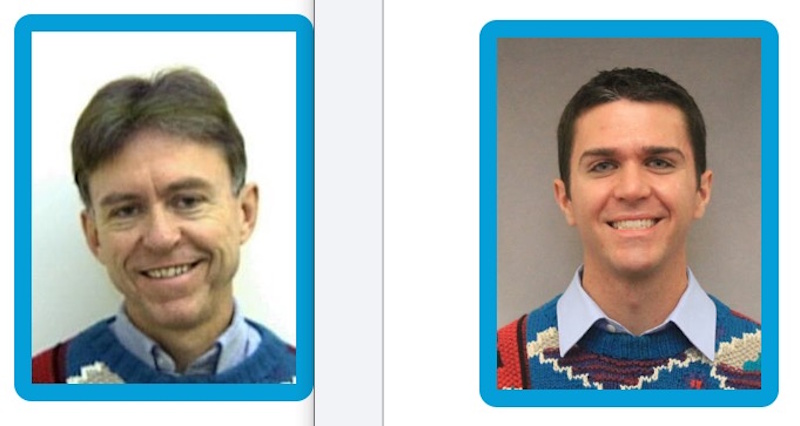 Two badge headshots of smiling people in the same patterned blue sweater.