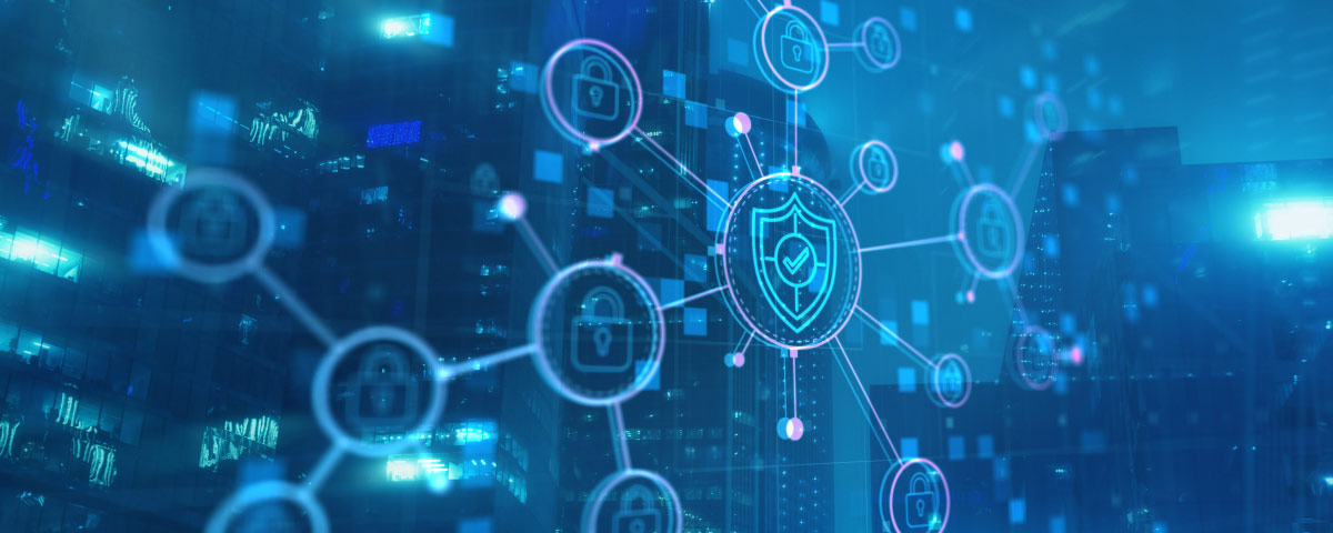 Illustration: Cybersecurity and network protection with shield and padlock icons over a digital cityscape.